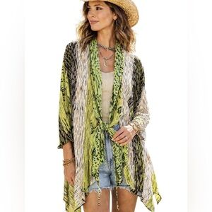 Mona Leah Couture Green Black Abstract Tie-Front Drape Cardigan M Boho Festival